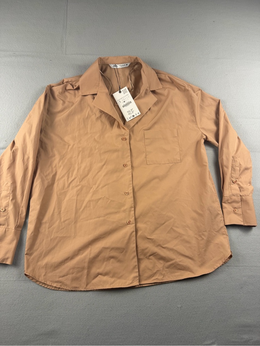 ZARA Tan Solid Collared Button-Up Chest Pocket Long Sleeve 100% Cotton Women's S